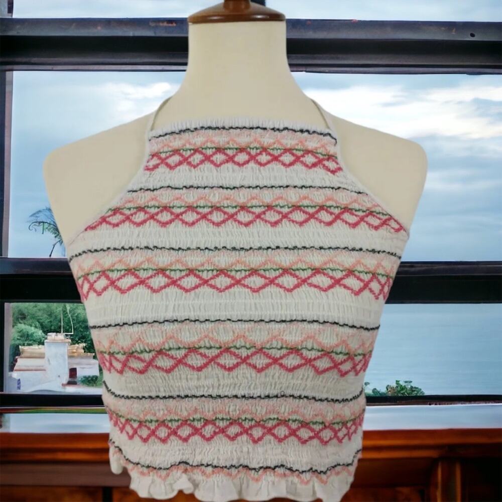 American Eagle EmbroideredSmocked Ruffle TrimCropped Crop Halter Top Size M